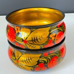 Vintage Hand Painted Wooden Folk Art Small Lacquered Bowls Strawberry Floral